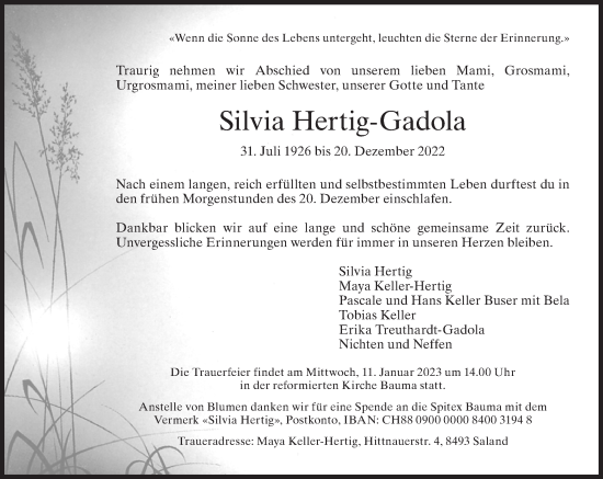 Traueranzeige von Silvia Hertig-Gadola von AvU