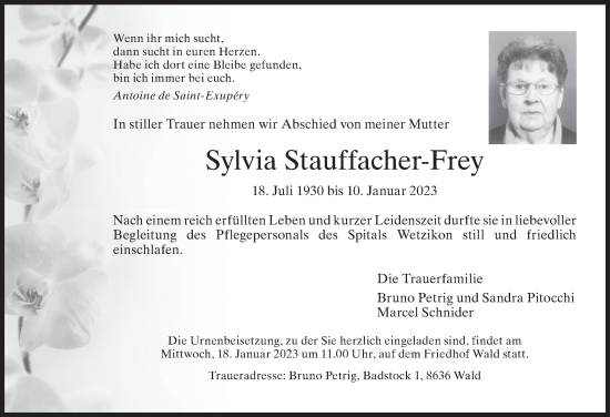 Traueranzeige von Sylvia Stauffacher-Frey von AvU