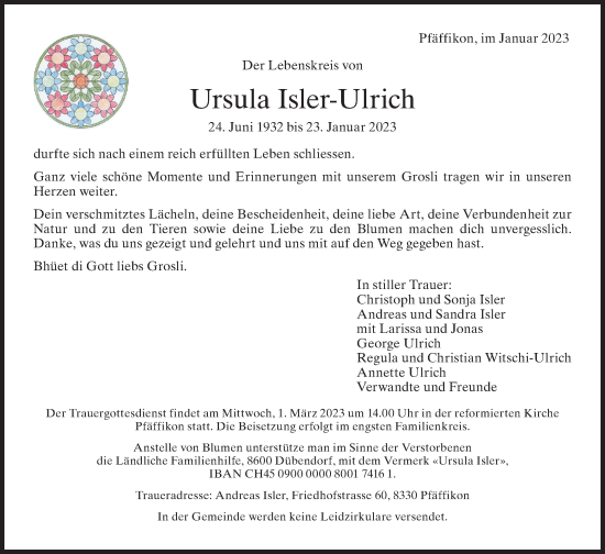 Traueranzeige von Ursula Isler-Ulrich von AvU