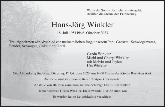 Traueranzeige von Hans-Jörg Winkler von ZO solo