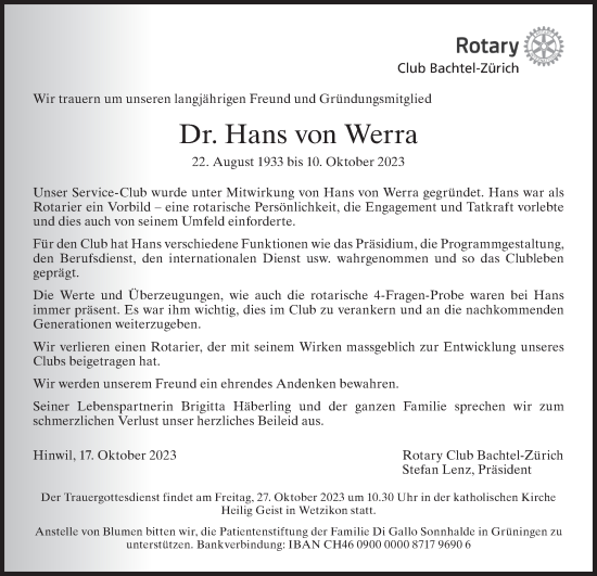 Traueranzeige von Hans von Werra von AvU