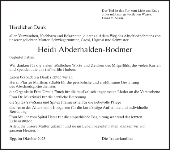 Traueranzeige von Heidi Abderhalden-Bodmer von AvU