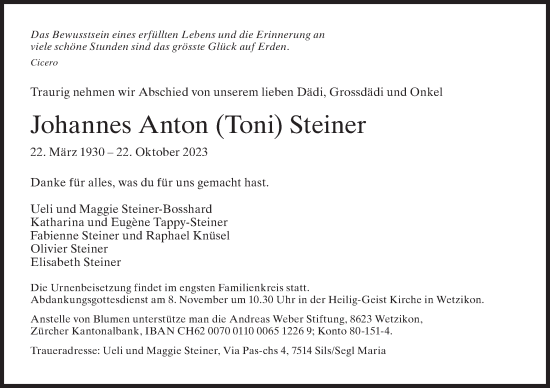 Traueranzeige von Johannes Anton Steiner von AvU