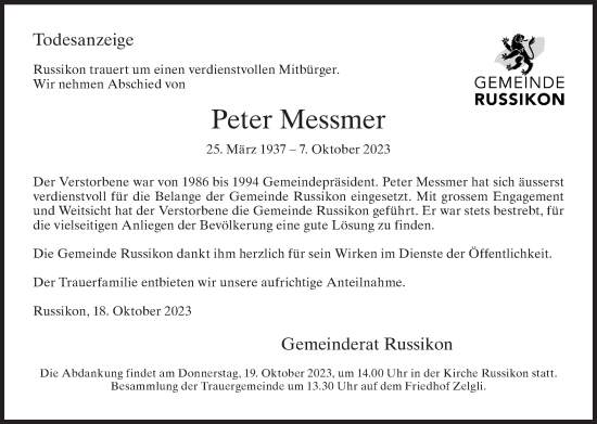 Traueranzeige von Peter Messmer von AvU