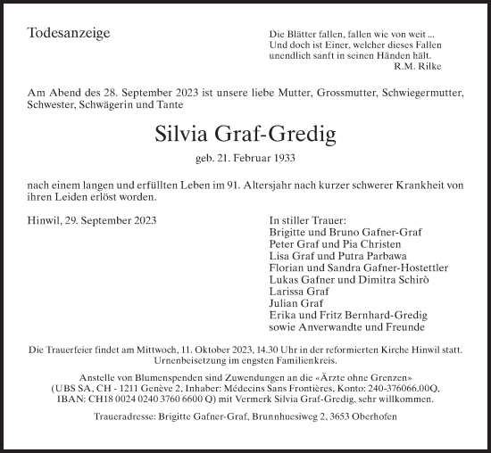 Traueranzeige von Silvia  Graf-Gredig von AvU