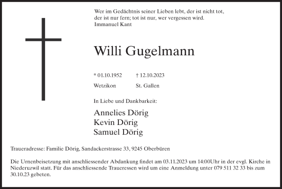 Traueranzeige von Willi Gugelmann von AvU