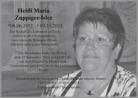 Traueranzeige von Heidi Maria Zuppiger-Isler von AvU