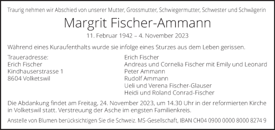 Traueranzeige von Margrit Fischer-Ammann von AvU