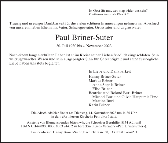 Traueranzeige von Paul Briner-Suter von AvU