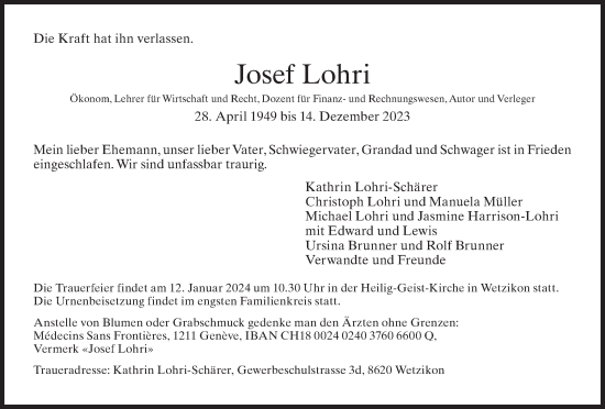 Traueranzeige von Josef Lohri von AvU