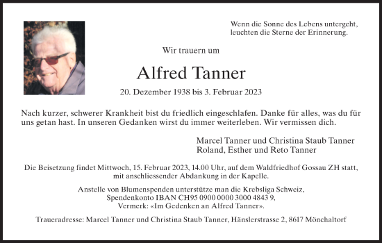 Traueranzeige von Alfred Tanner von AvU