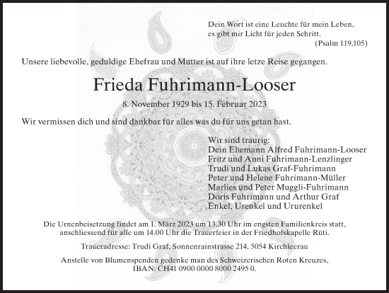 Traueranzeige von Frieda Fuhrimann-Looser von AvU