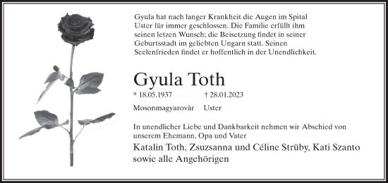 Traueranzeige von Gyula Toth von AvU