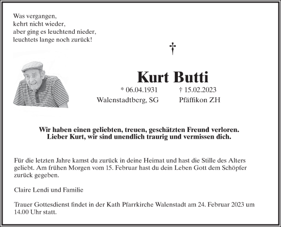 Traueranzeige von Kurt Butti von ZO solo