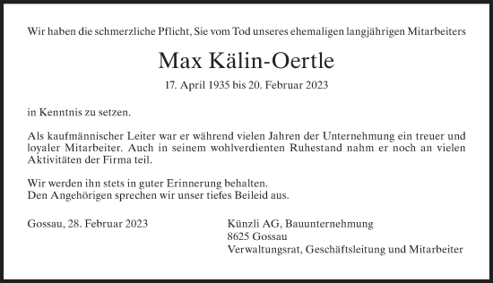 Traueranzeige von Max Kälin-Oertle von AvU