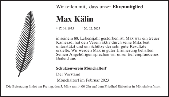 Traueranzeige von Max Kälin von AvU