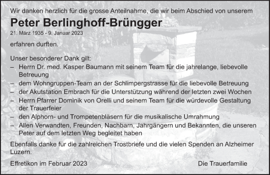 Traueranzeige von Peter Berlinghoff-Brüngger von AvU