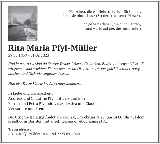 Traueranzeige von Rita Maria Pfyl-Müller von AvU