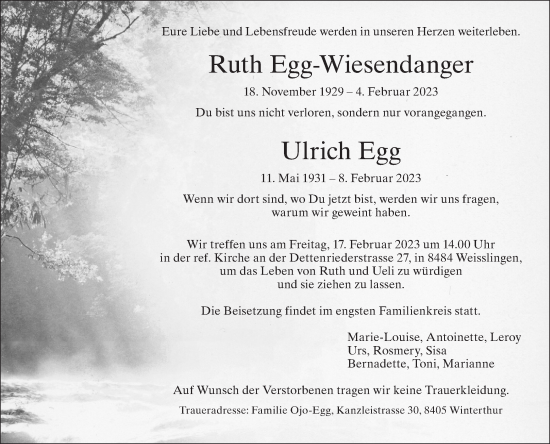 Traueranzeige von Ruth Egg-Wiesendanger von AvU