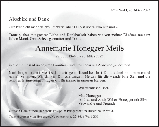 Traueranzeige von Annemarie Honegger-Meile von AvU