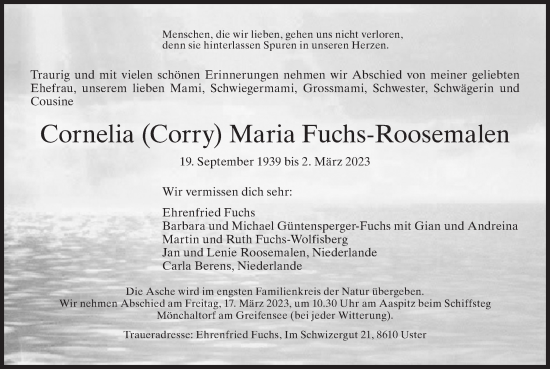 Traueranzeige von Cornelia Maria Fuchs-Roosemalen von AvU