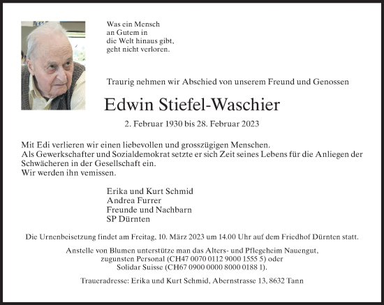 Traueranzeige von Edwin Stiefel-Waschier von AvU