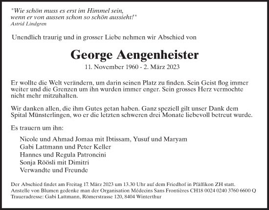 Traueranzeige von George Aengenheister von AvU