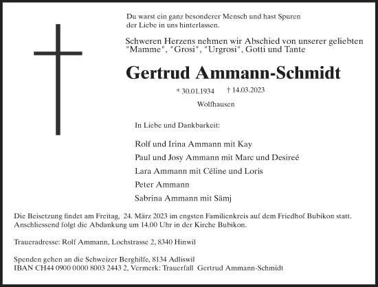 Traueranzeige von Gertrud Ammann-Schmidt von ZO solo