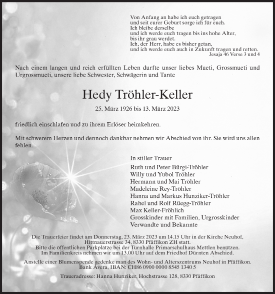 Traueranzeige von Hedy Tröhler-Keller von ZO solo