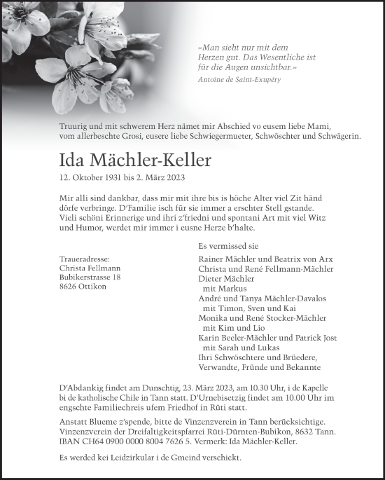 Traueranzeige von Ida Mächler-Keller von AvU