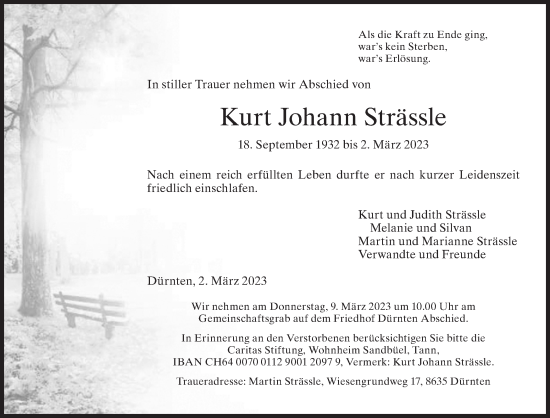 Traueranzeige von Kurt Johann Strässle von AvU