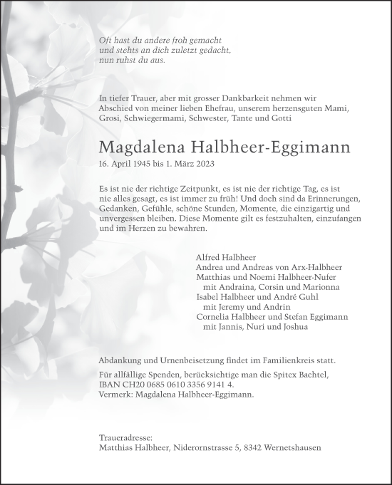 Traueranzeige von Magdalena Halbheer-Eggimann von ZO solo