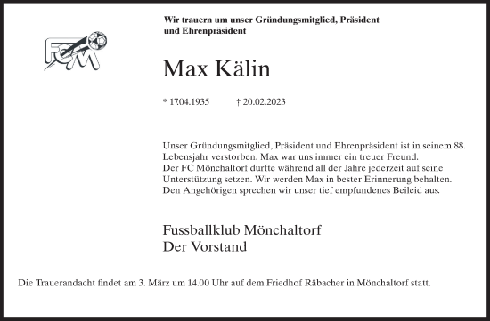 Traueranzeige von Max Kälin von AvU