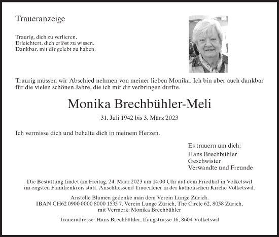 Traueranzeige von Monika Brechbühler-Meli von AvU