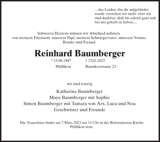 Traueranzeige von Reinhard Baumberger von AvU