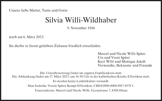 Traueranzeige von Silvia Willi-Wildhaber von reg_5