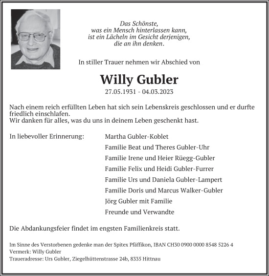 Traueranzeige von Willy Gubler von AvU