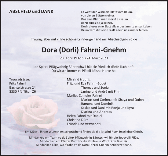 Traueranzeige von Dora Fahrni-Gnehm von AvU