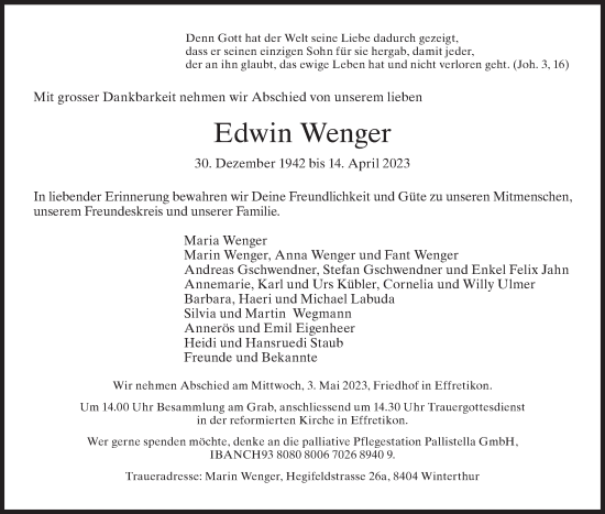 Traueranzeige von Edwin Wenger von AvU