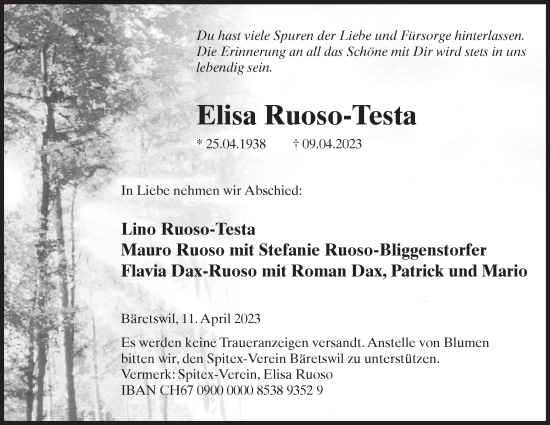 Traueranzeige von Elisa Ruoso-Testa von AvU