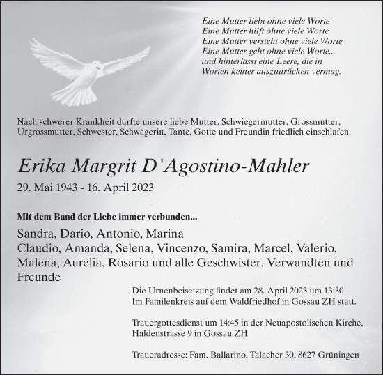 Traueranzeige von Erika Margrit DAgostino-Mahler von AvU