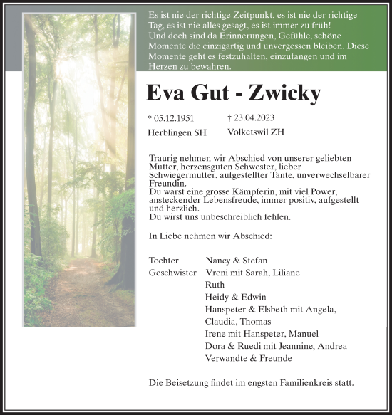 Traueranzeige von Eva Gut-Zwicky von VO solo