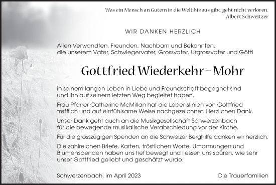 Traueranzeige von Gottfried Wiederkehr-Mohr von AvU