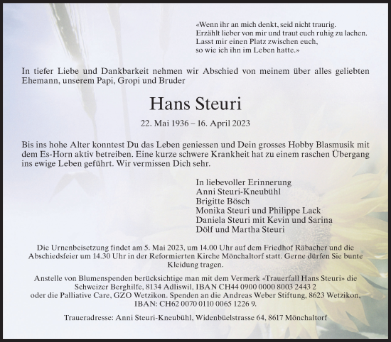 Traueranzeige von Hans Steuri von AvU