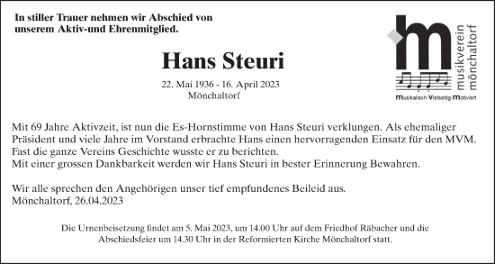 Traueranzeige von Hans Steuri von ZO solo