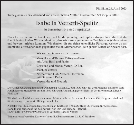 Traueranzeige von Isabella Vetterli-Spelitz von AvU