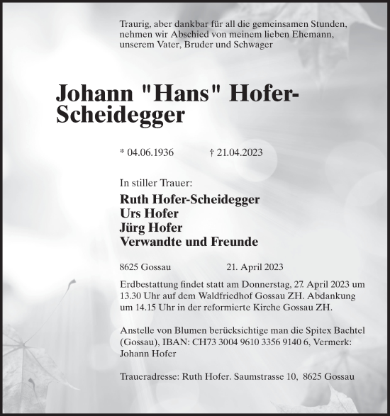 Traueranzeige von Johann Hofer-Scheidegger von ZO solo