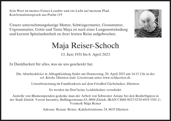 Traueranzeige von Maja Reiser-Schoch von AvU