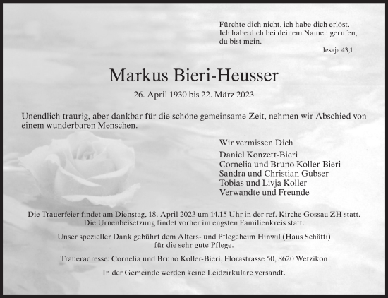 Traueranzeige von Markus Bieri-Heusser von AvU