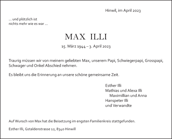 Traueranzeige von Max Illi von AvU